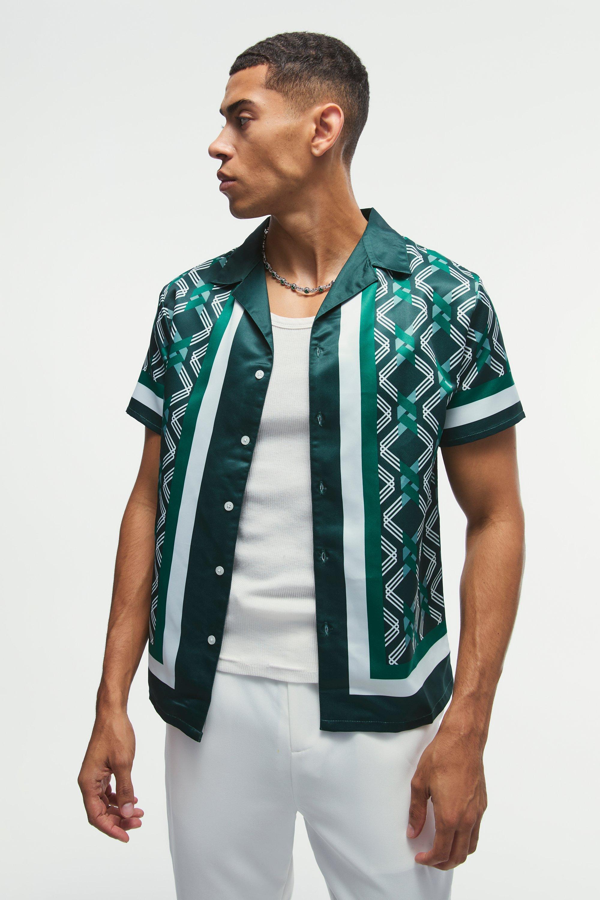 Mens Green Regular Fit Border Print Satin Shirt, Green Product Image