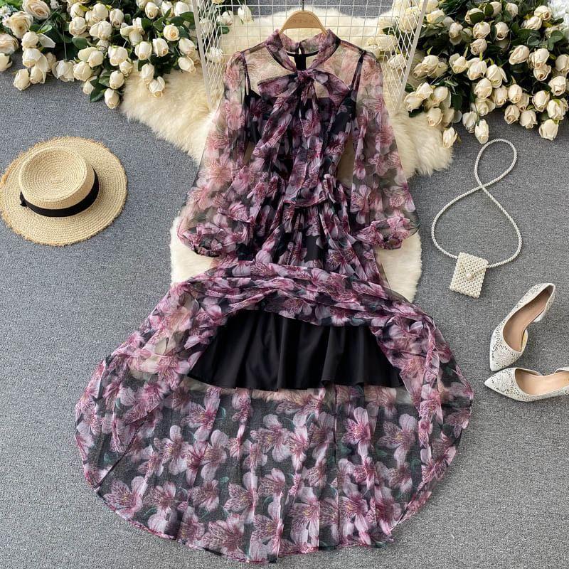 Puff-Sleeve Floral Print Midi A-Line Dress Product Image