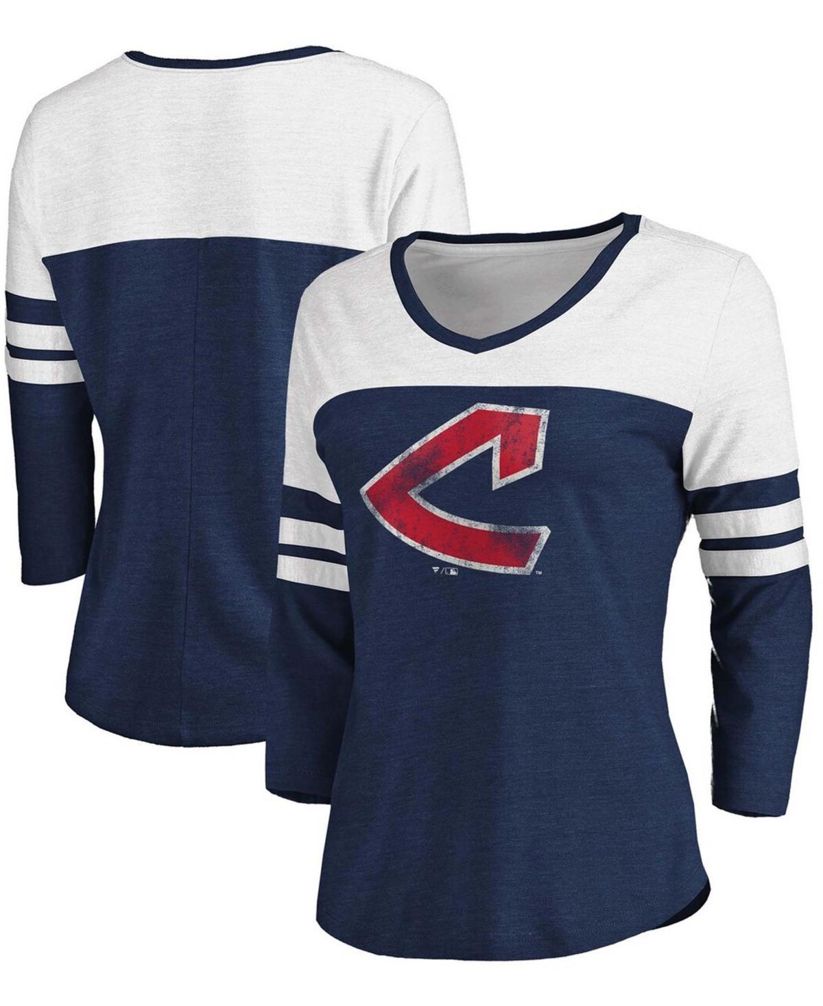 Womens Fanatics Branded Heathered Navy/White Cleveland Indians Two-Toned Distressed Cooperstown Collection Tri-Blend 3/4-Sleeve V-Neck T-Shirt Product Image