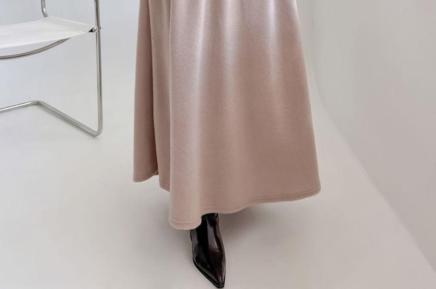 Set: Long-Sleeve Plain Loose-Fit Top + Drawstring Waist A-Line Midi Skirt Product Image