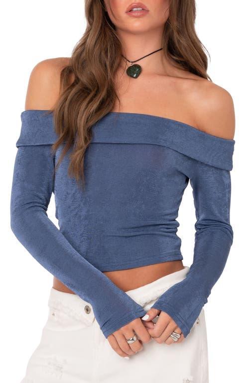 EDIKTED Athena Fold Over Off the Shoulder Long Sleeve Top in Blue at Nordstrom, Size X-Large Product Image