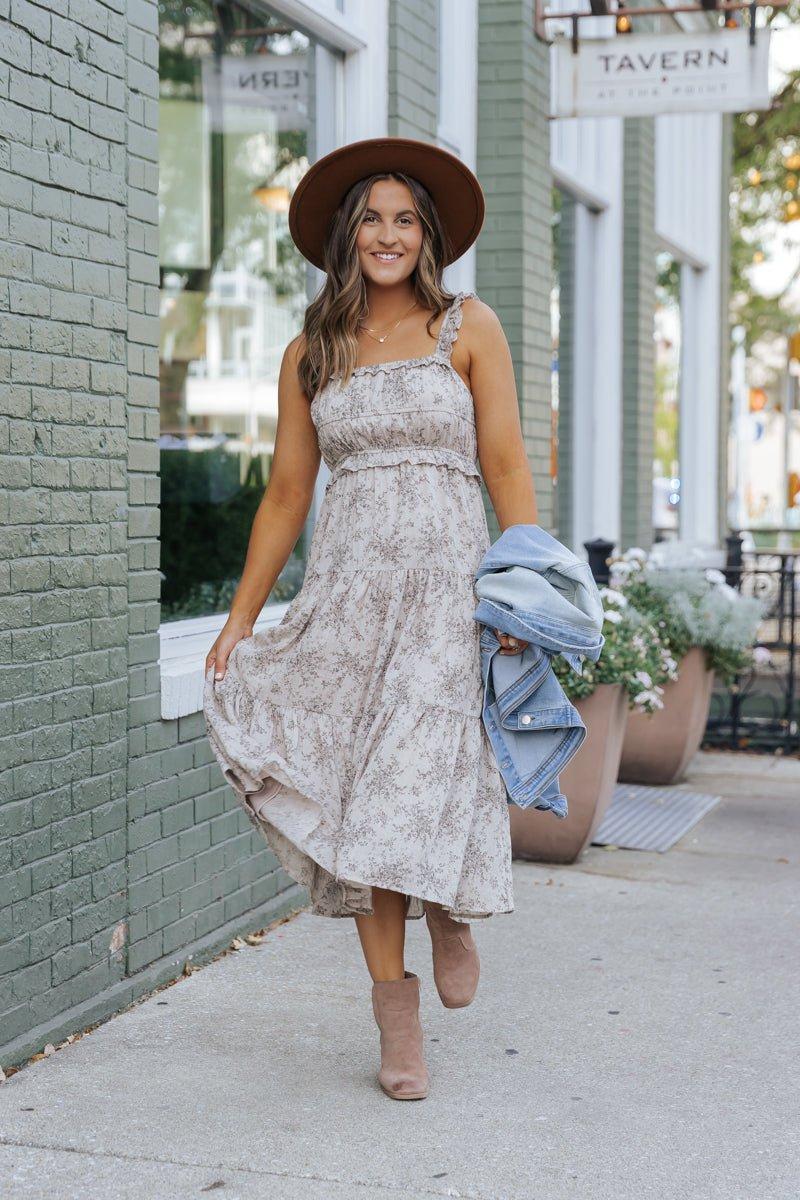 Taupe Print Tiered Midi Dress - DOORBUSTER Product Image