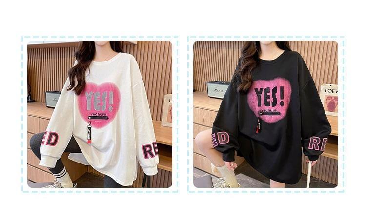 Round Neck Lettering Print Rhinestone Accent Zipped Oversized Pullover Product Image