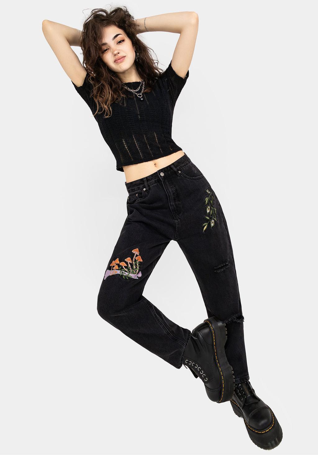 Swamplife Frog Embroidered Distressed Mom Jeans Product Image