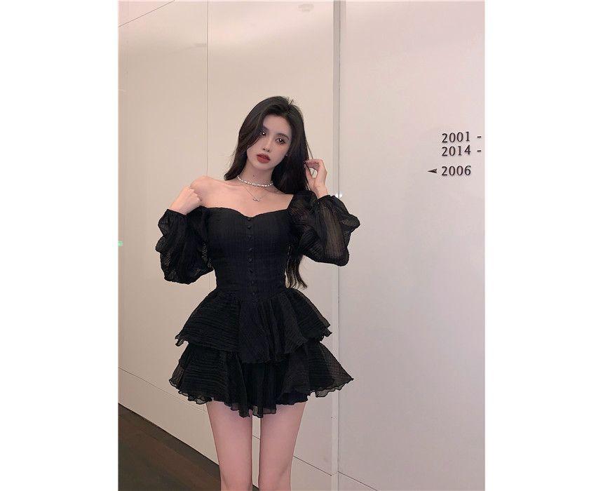 Puff-Sleeve Off Shoulder Plain Mini A-Line Dress Product Image