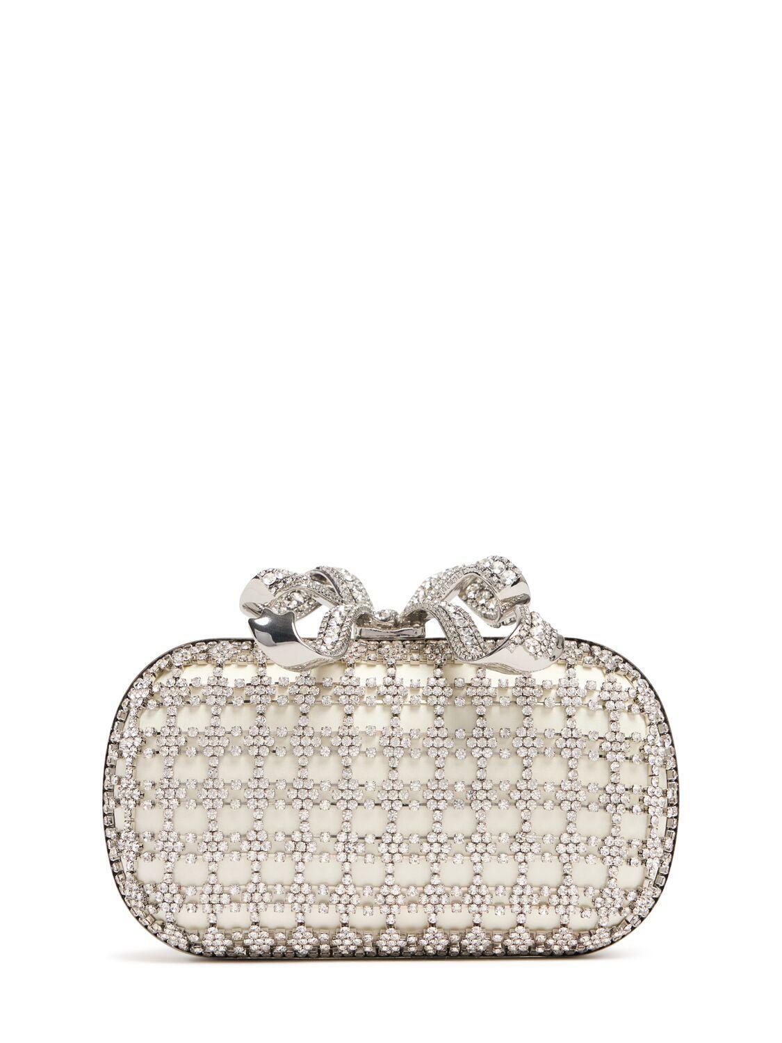 Bow Crystal-embellished Satin Box Clutch In Cream Product Image