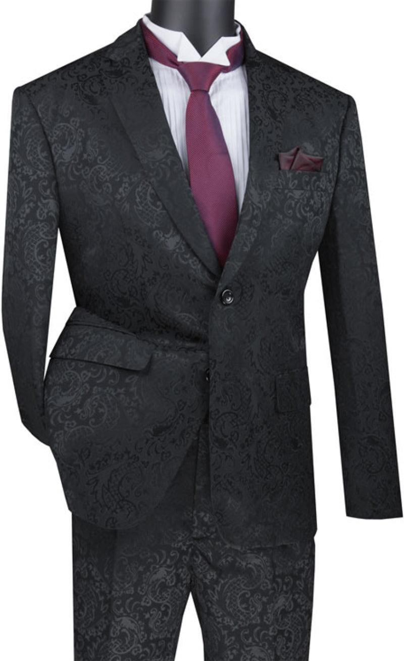 Black Tone on Tone Paisley Pattern Slim Fit Men's 2 Piece Suit 2 Button Male Product Image