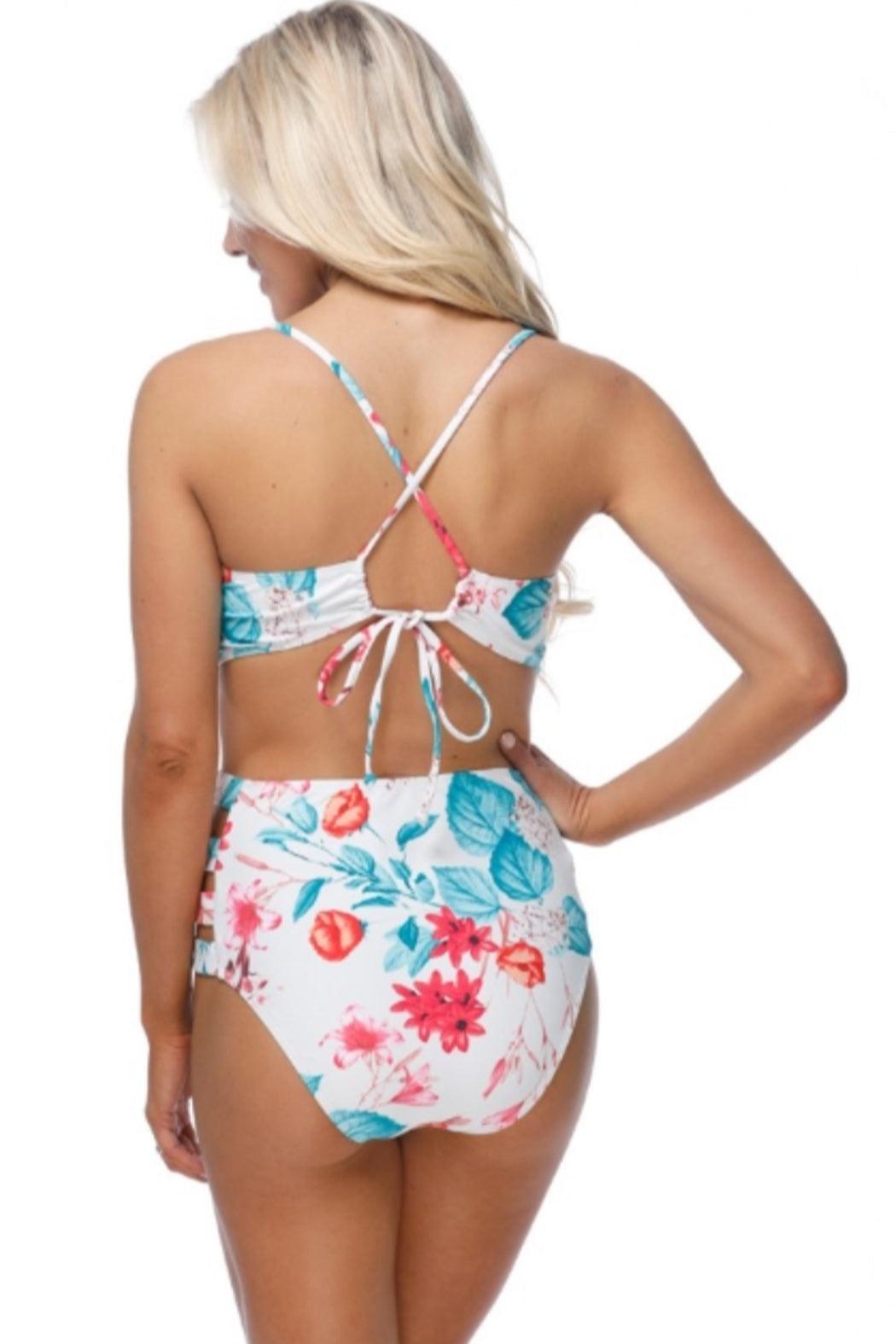 Tropical Floral Print Strappy Detail One-Piece Swimsuit Product Image