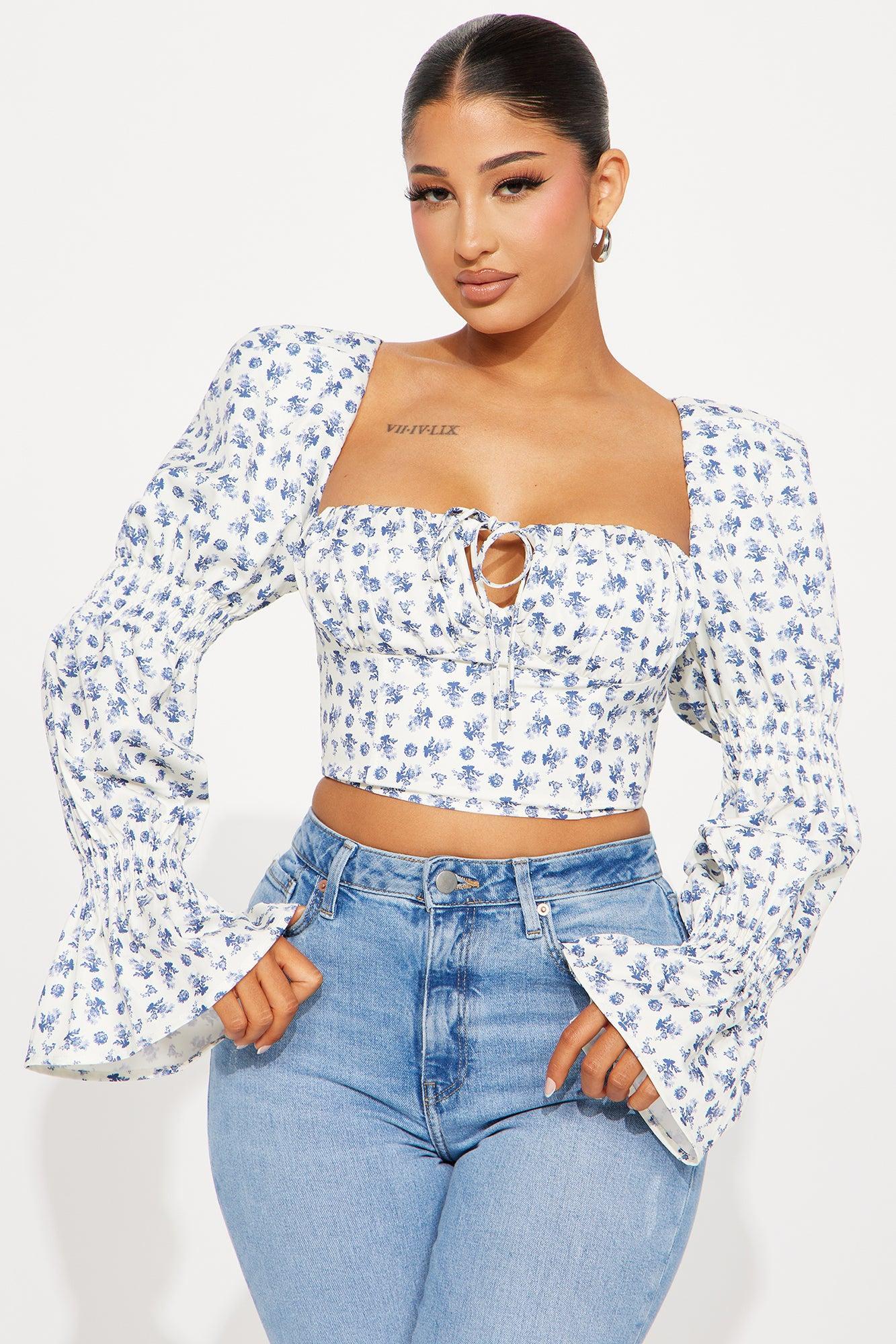 Ivy Floral Corset Top - White/Blue Product Image