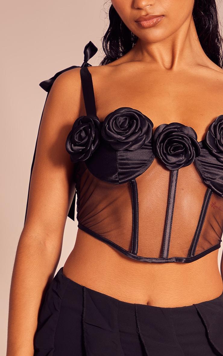 Black Mesh Floral Applique Bow Strap Boned Corset Product Image