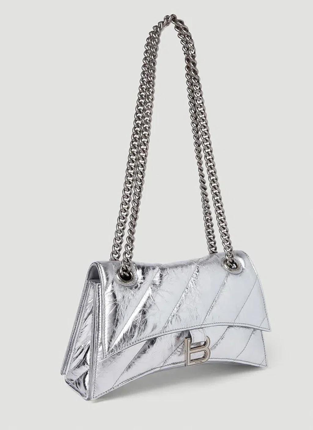 BALENCIAGA Crush Small Quilted Metallic Chain Shoulder Bag In Silver Product Image