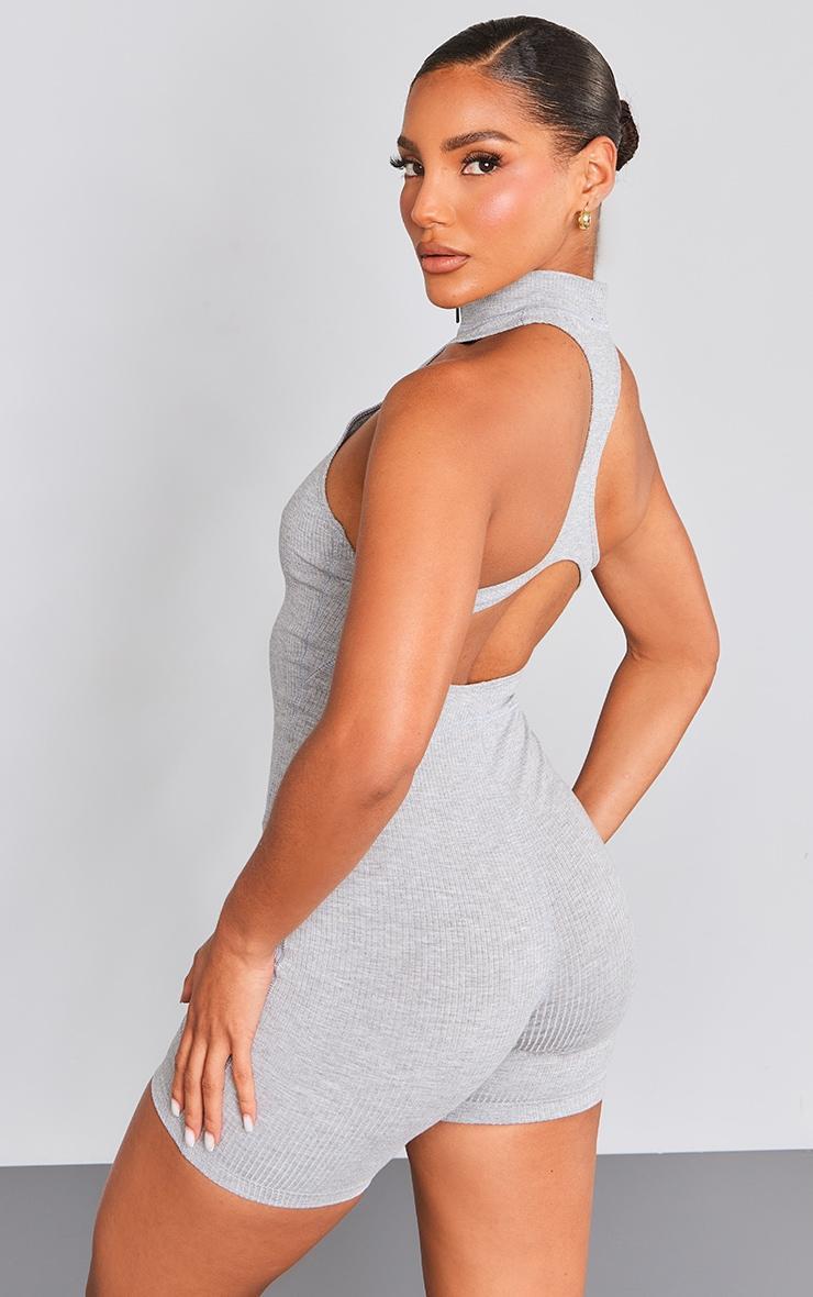 Grey Rib Zip Front Open Back Romper Product Image