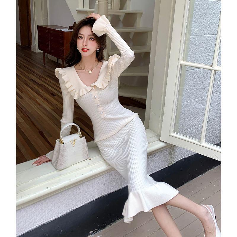 Long-Sleeve Collar Plain Ruffle Trim Ribbed Midi Sheath Knit Dress Product Image