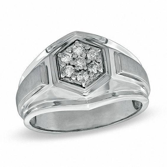 Men's 1/4 CT. T.w. Hexagonal Multi-Diamond Ring in 14K White Gold Product Image