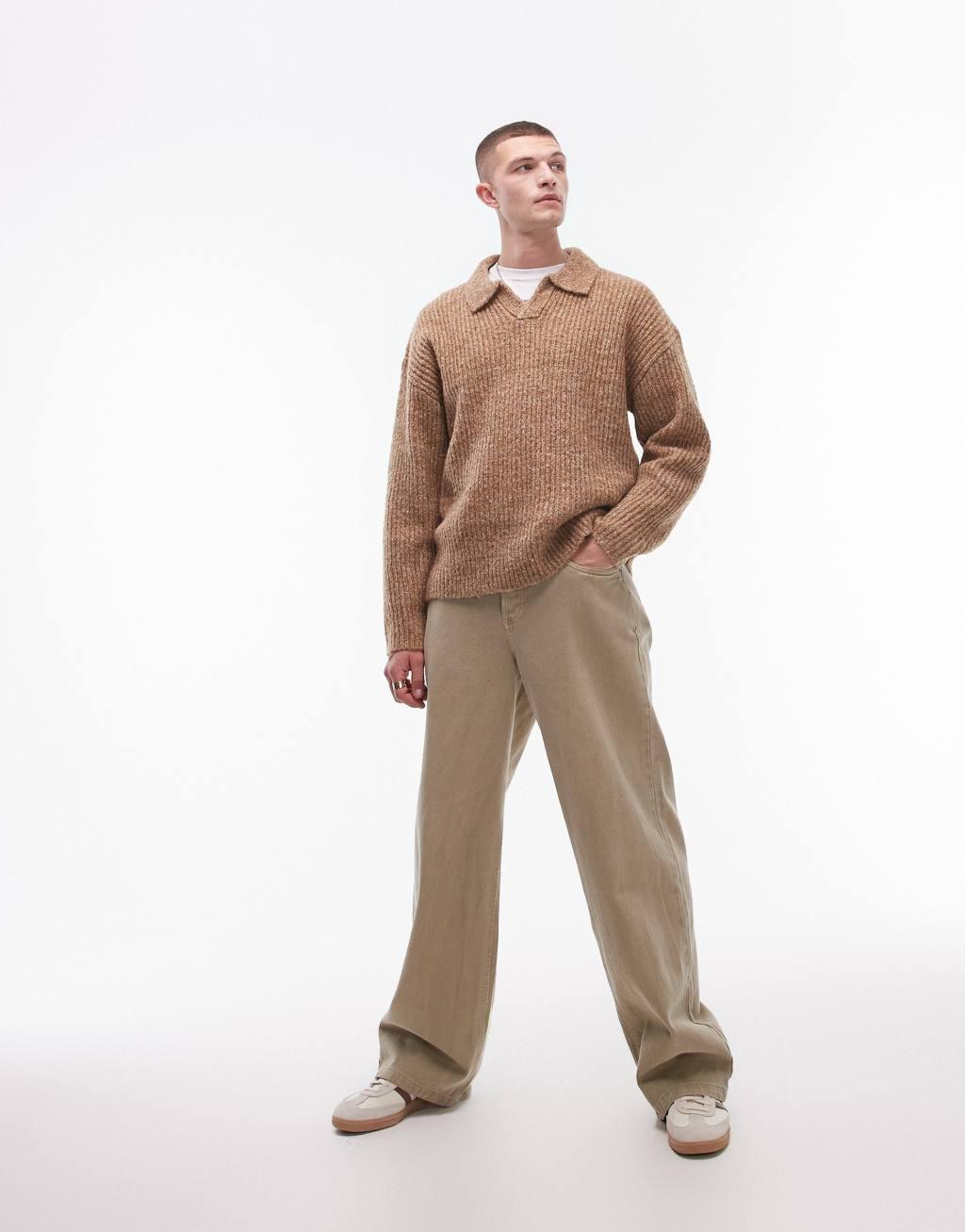 Topman relaxed open collar sweater in oatmeal Product Image