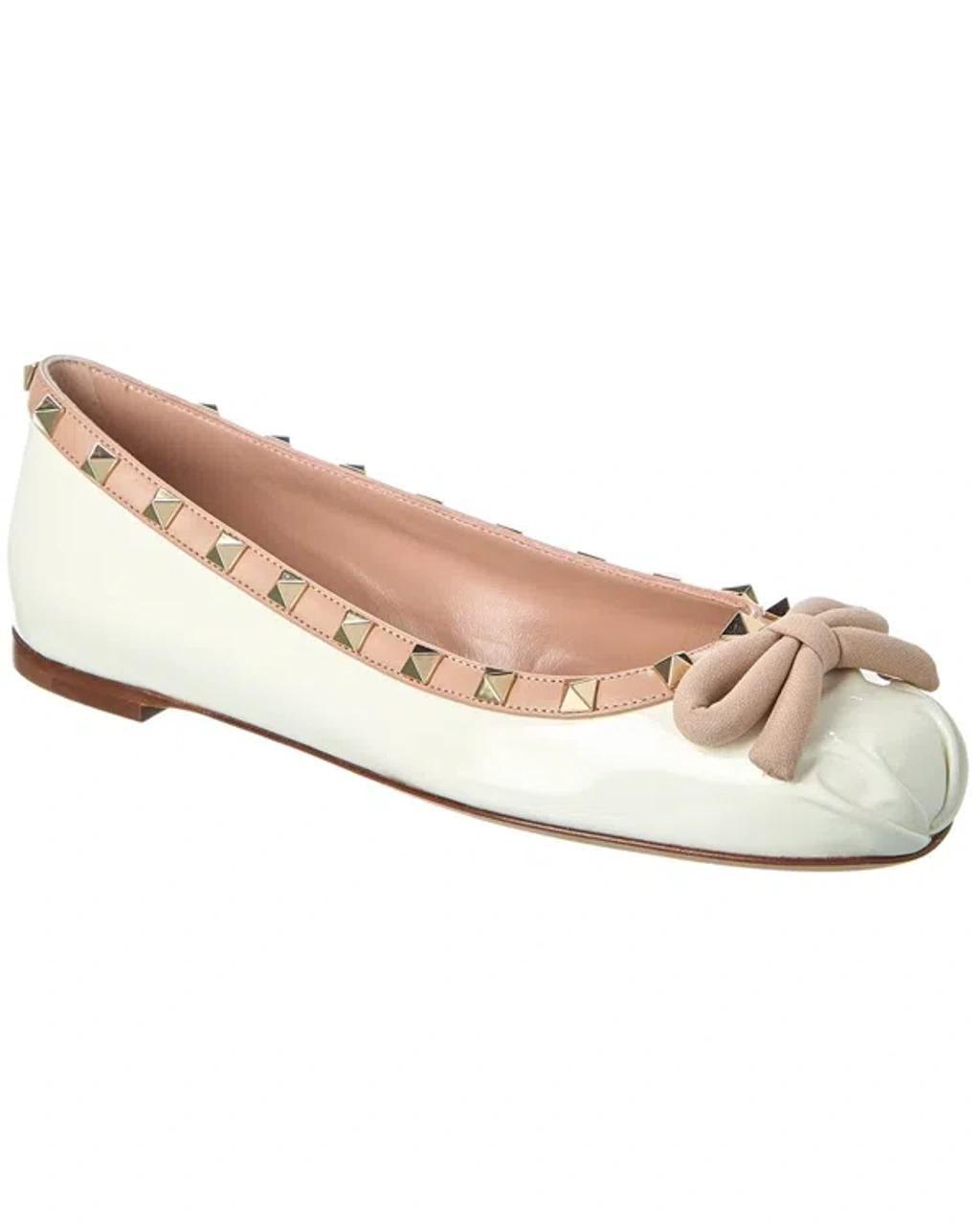 VALENTINO GARAVANI Valentino Rockstud Patent Ballerina Flat In White Product Image