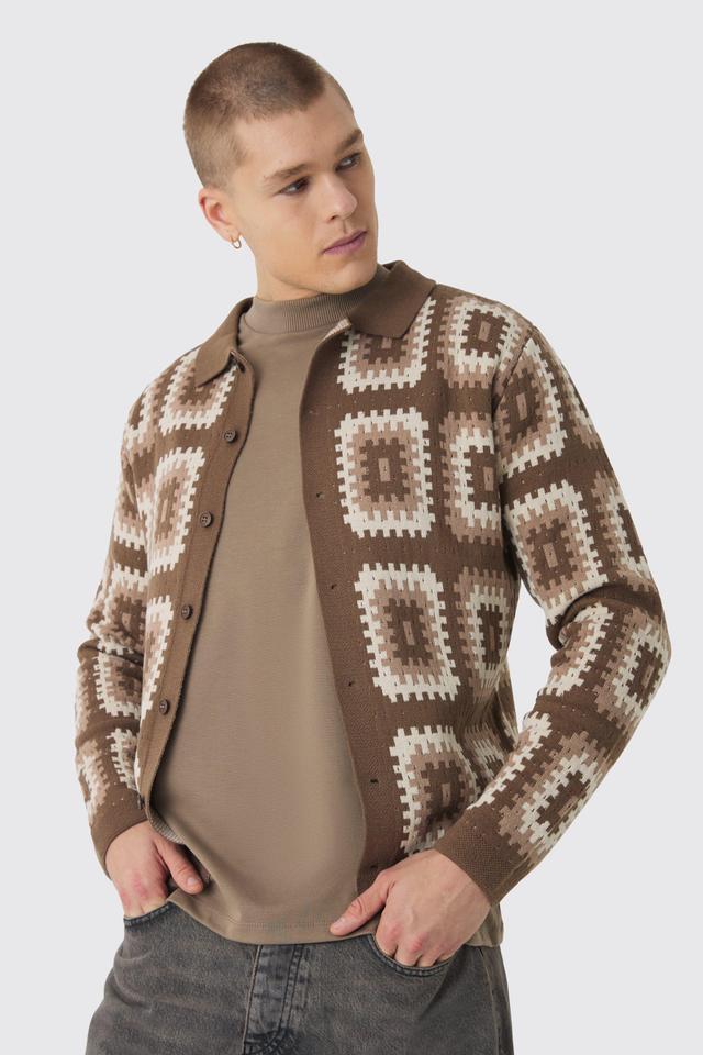 Mens Brown Crochet Long Sleeve Knitted Overshirt, Brown Product Image