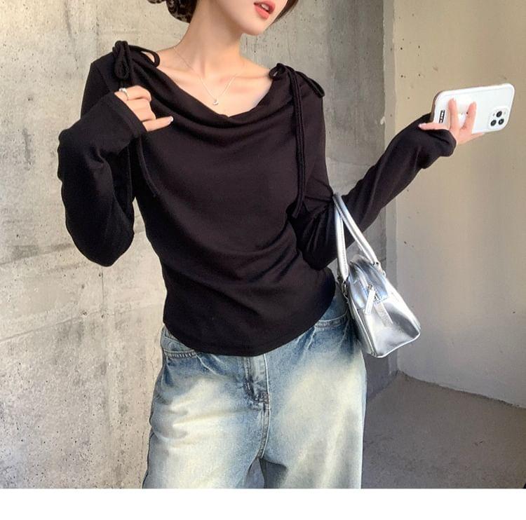 Long-Sleeve Cowl Neck Plain Bow Accent Slim Fit Crop T-Shirt Product Image