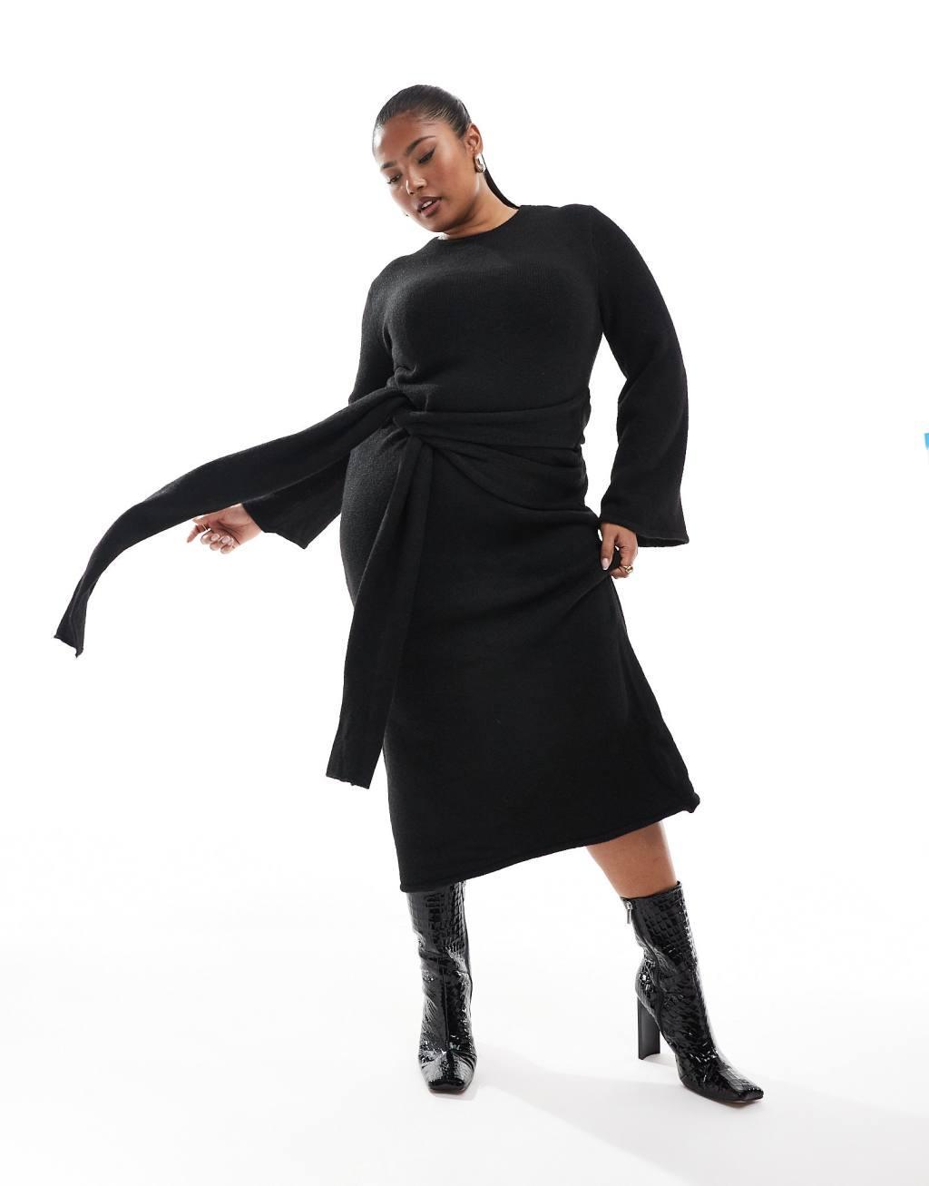 4th & Reckless Plus exclusive knitted drape tie waist midi sweater dress in black Product Image