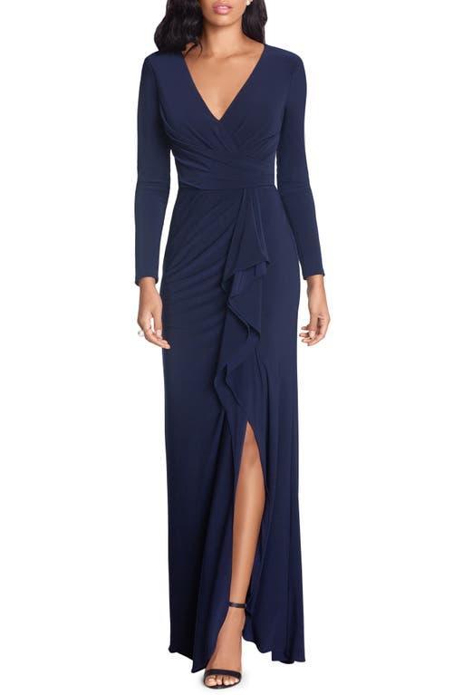 Betsy & Adam Cascade Ruffle Long Sleeve Stretch Jersey Gown Product Image