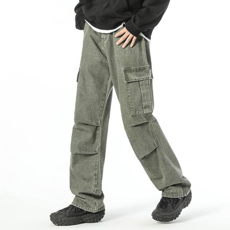 Men's Trendy Loose Wide-Leg Multi-Pocket Straight Pleated Work Pants Product Image