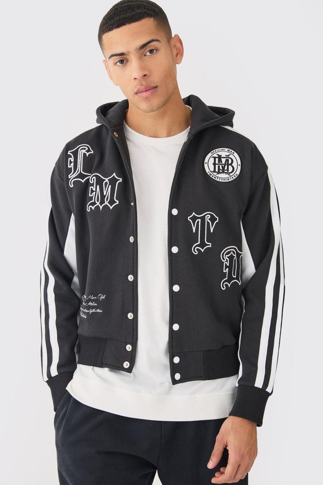 Boxy Applique Tape Detail Jersey Varisty Jacket | boohooMAN USA Product Image