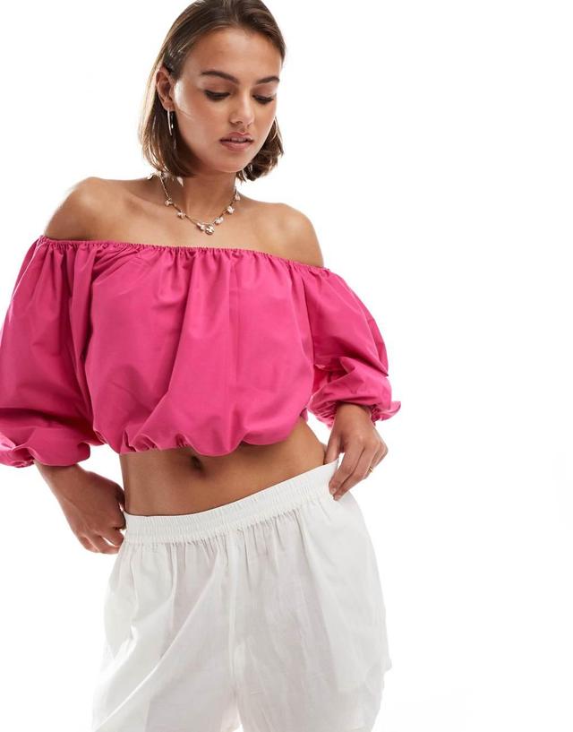 JDY off the shoulder balloon sleeve top in pink Product Image