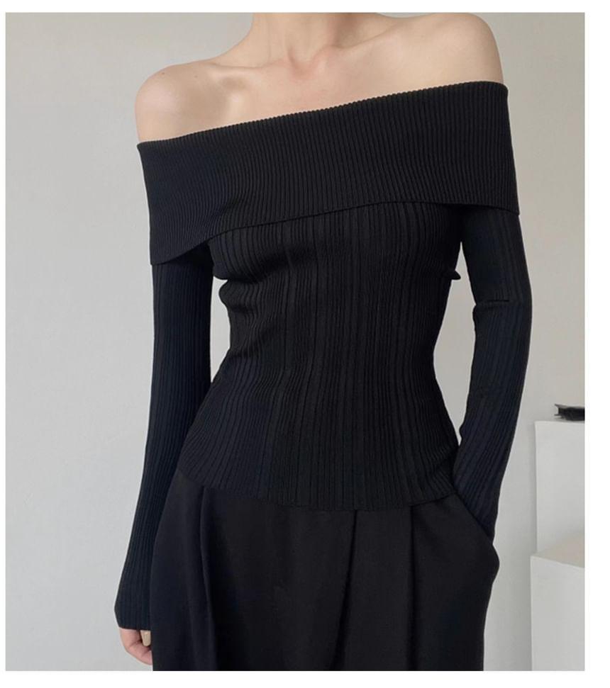 Long Sleeve Off Shoulder Plain Ribbed Knit Top Product Image