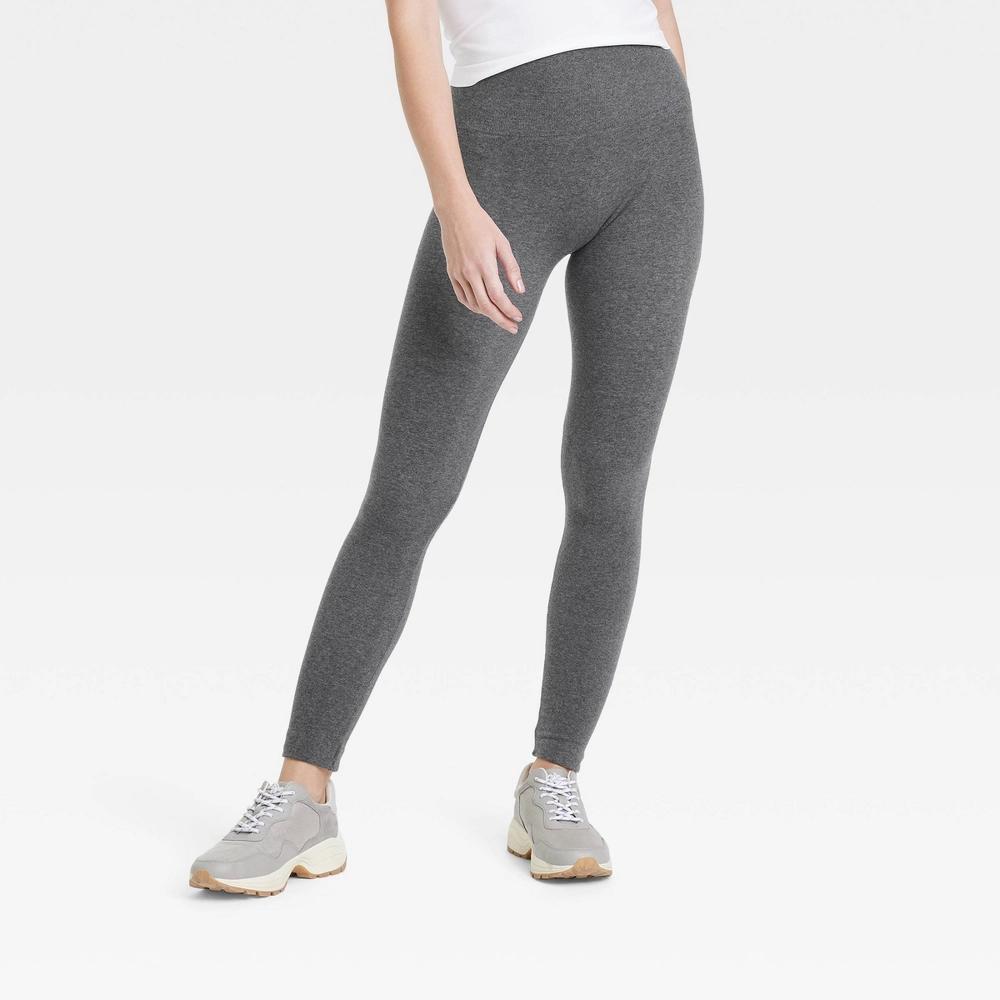 Womens High Waisted Cotton Seamless Fleece Lined Leggings - A New Day Heather Oatmeal 1X Product Image