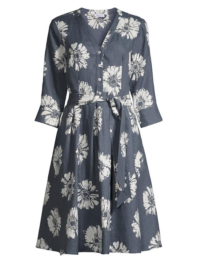 Womens Floral Linen Belted Midi-Dress Product Image