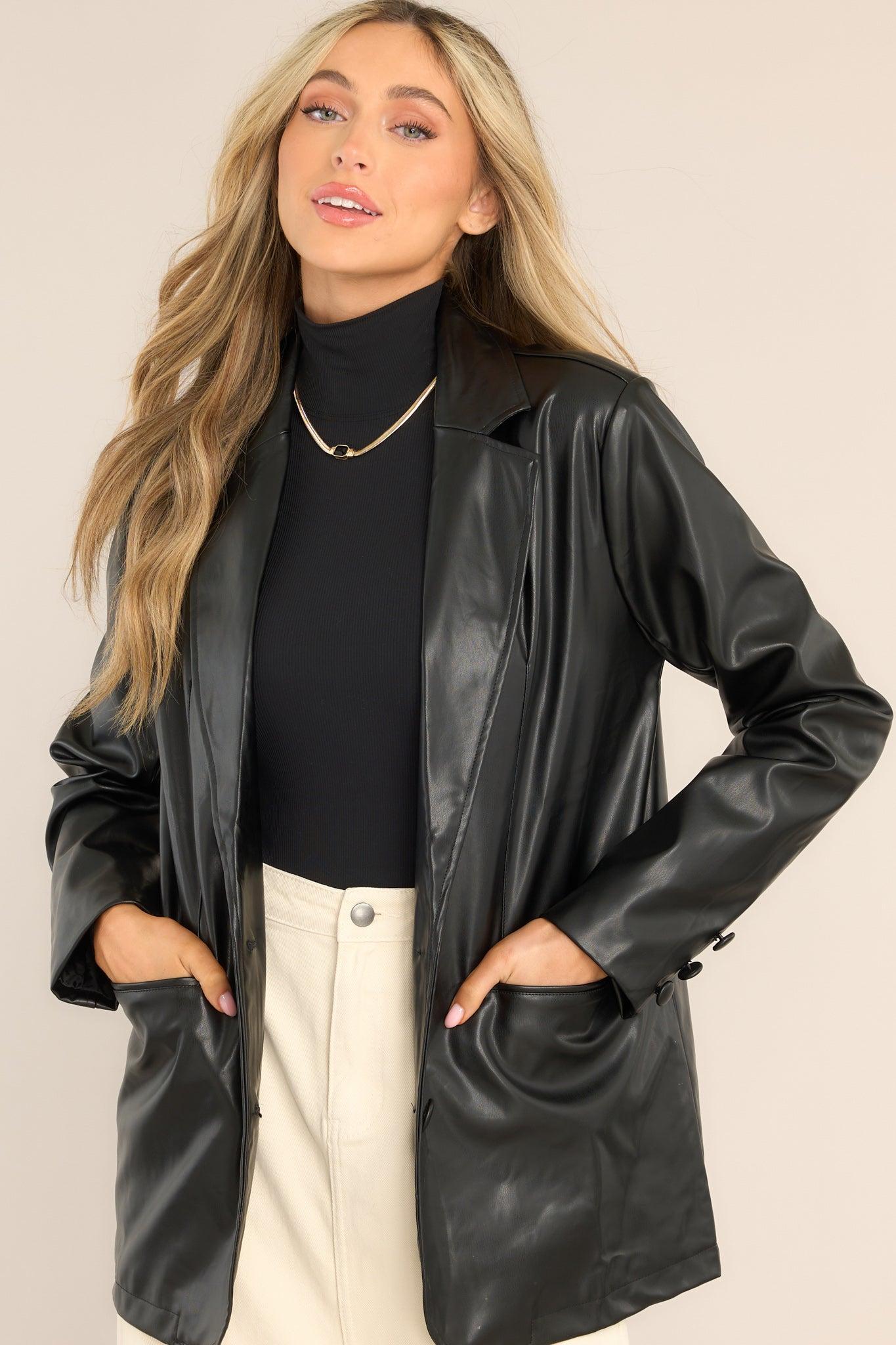 Talk This Way Black Faux Leather Blazer Product Image