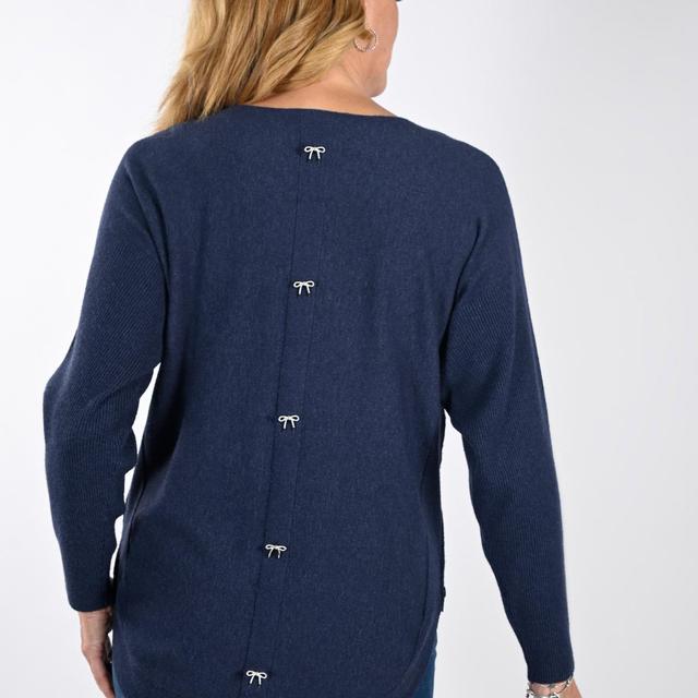 Navy Blue Soft Knit Sweater with side zip detail and silver bow down back Product Image