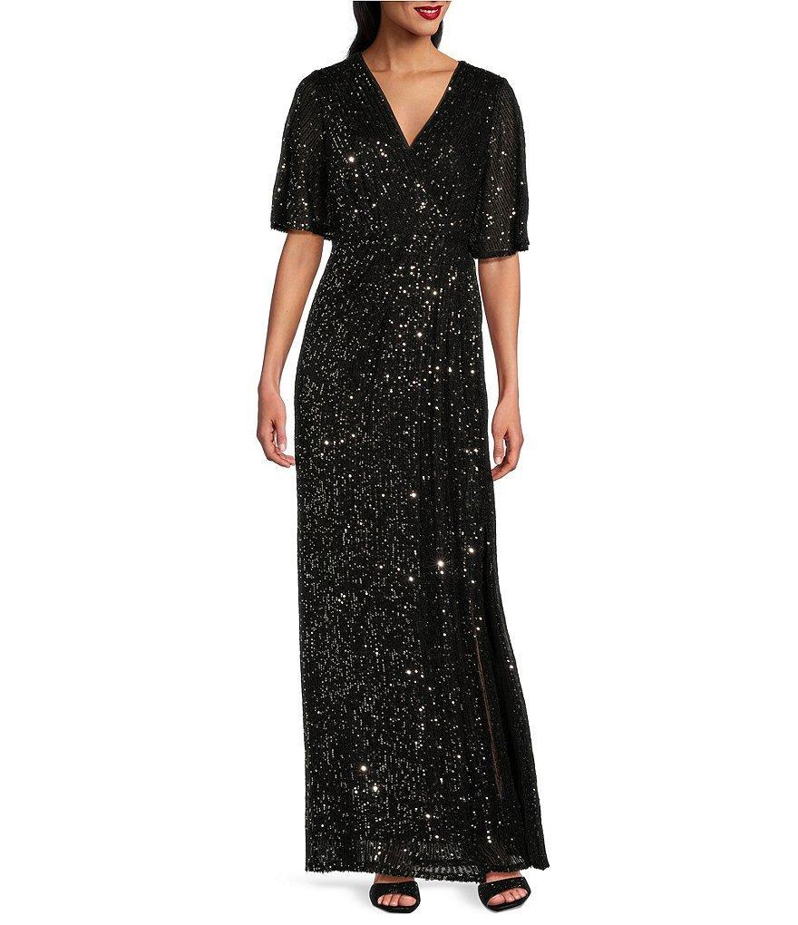 Ignite Evenings Surplice V-Neck Flutter Sleeve Sequin Sheath Gown product image