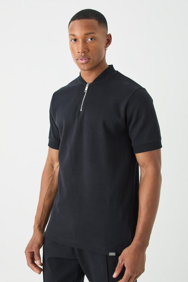 Mens Black Slim Fit Bomber Neck Heavy Interlock Polo, Black Product Image