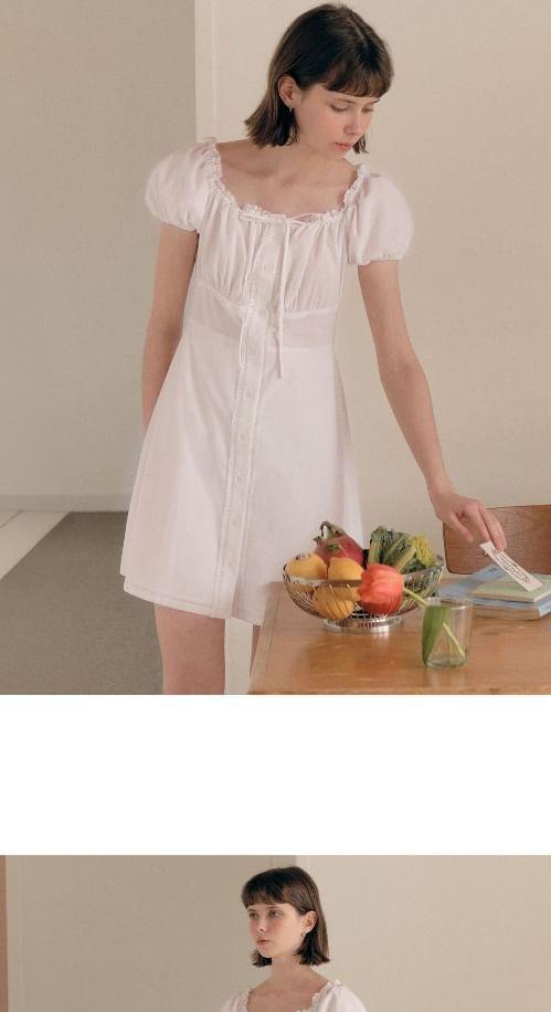 Ruched Buttoned A-Line Dress (White) Product Image