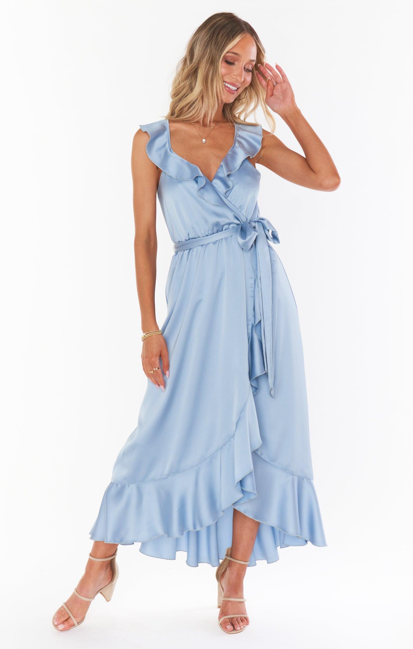 Samantha Ruffle Wrap Dress ~ Steel Blue Luxe Satin Product Image