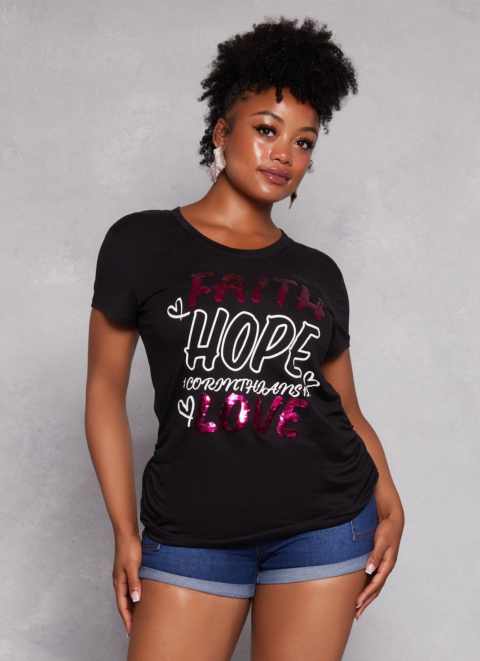 Womens Plus Size Faith Hope Love Sequin Graphic Tee product image