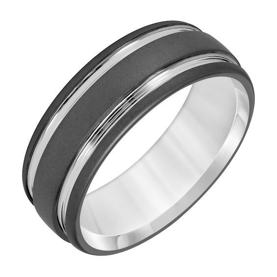 Men's 8.0mm Engravable Grooved Wedding Band in Tungsten with White Rhodium Plate (1 Line) Product Image