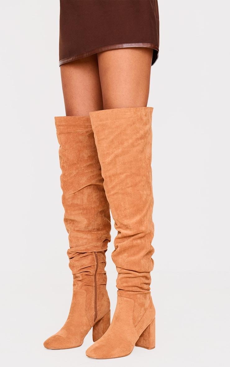 Camel Faux Suede Round Toe Ruched Over The Knee Block Heeled Boots Product Image