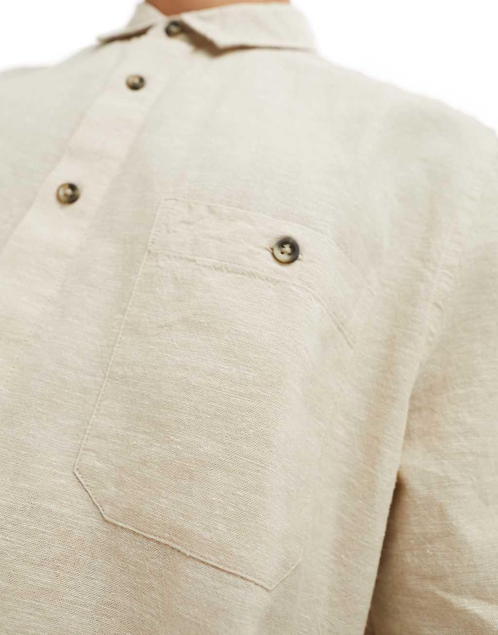 ASOS DESIGN relaxed linen blend shirt with square collar in beige Product Image