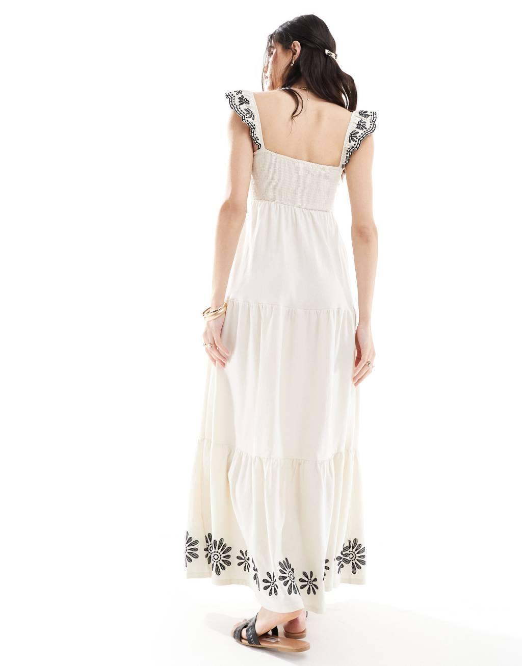 Miss Selfridge tiered maxi dress with embroidery detail in cream Product Image