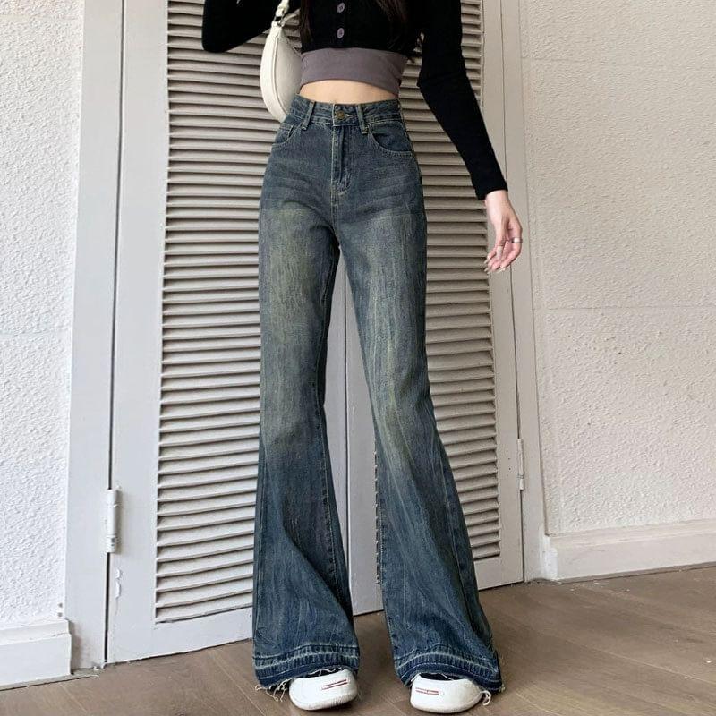 High Waist Washed Straight-Fit Boot-Cut Jeans Product Image