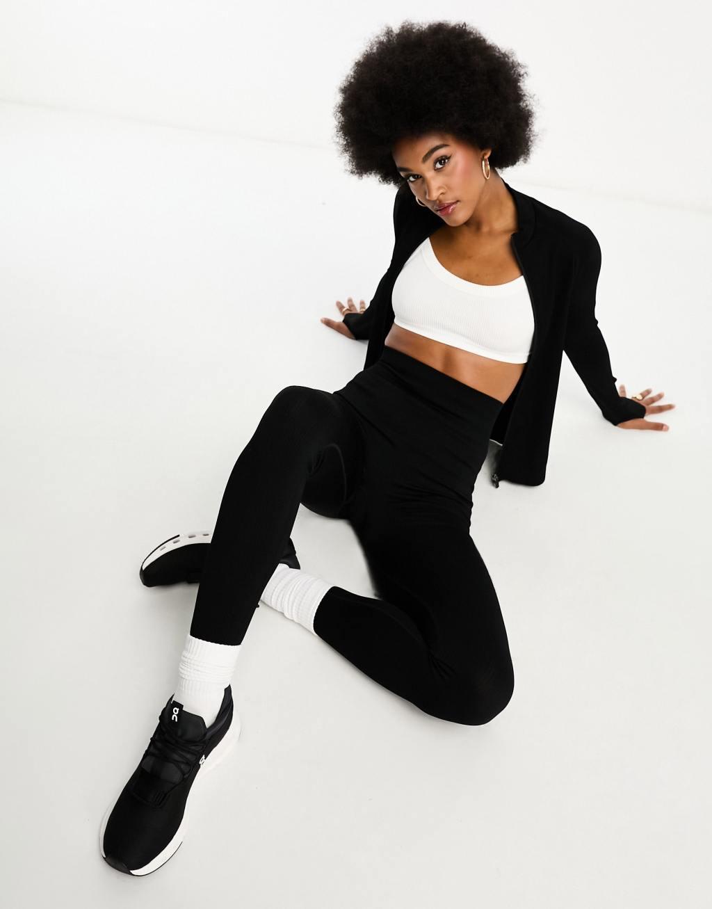 ASOS 4505 Petite Icon seamless ribbed gym leggings in black Product Image