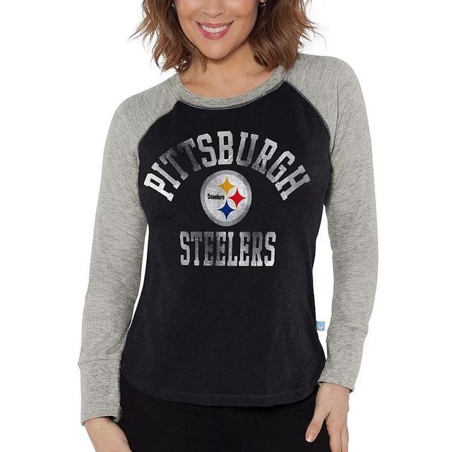 Womens G-III 4Her by Carl Banks Black/Heather Gray Pittsburgh Steelers Waffle Knit Raglan Long Sleeve T-Shirt Product Image