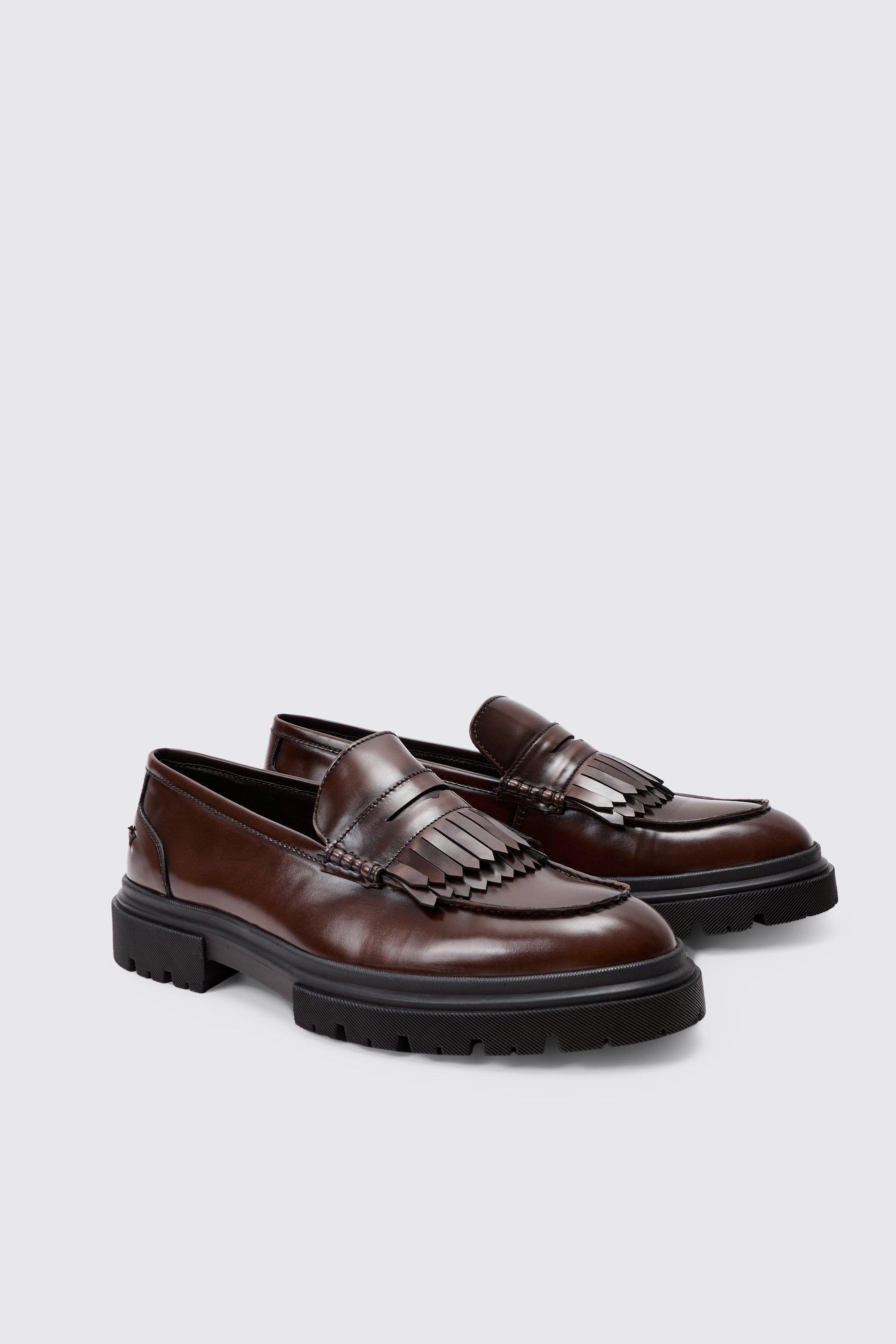 Brushed Pu Fringe Detail Loafer In Brown | boohooMAN USA Product Image