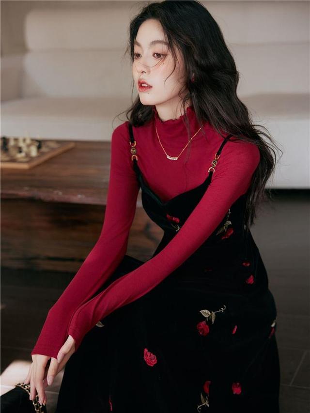 Set: Long-Sleeve Mock Neck Plain Knit Top + Spaghetti Strap Floral Embroidery Maxi A-Line Dress Product Image