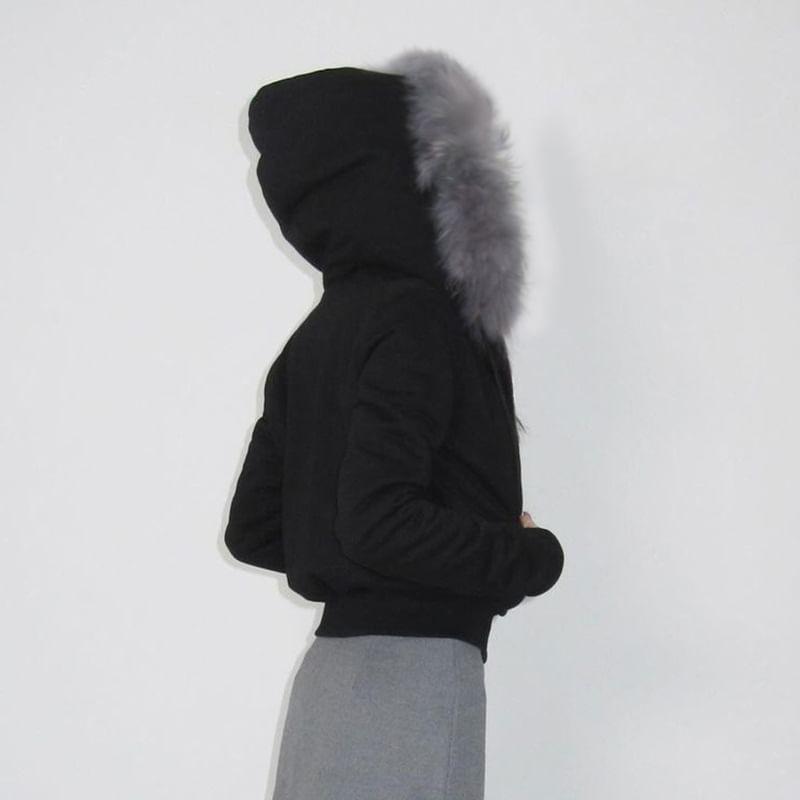 Fluffy Hooded Drawstring Plain Crop Zip Jacket Product Image