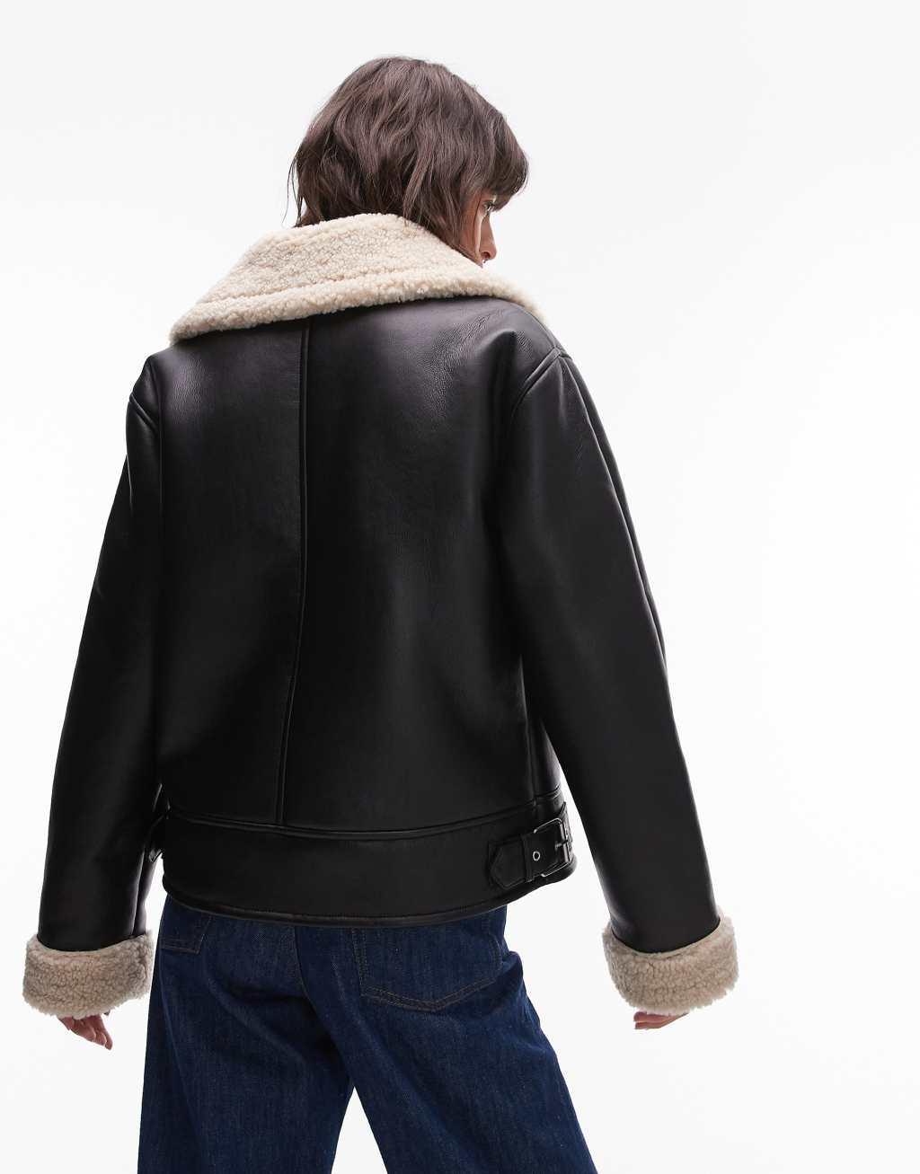 Topshop shearling aviator jacket in black and cream Product Image