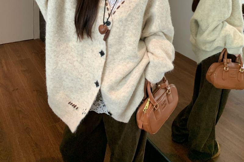 V-Neck Plain Contrast Stitching Oversized Cardigan Product Image