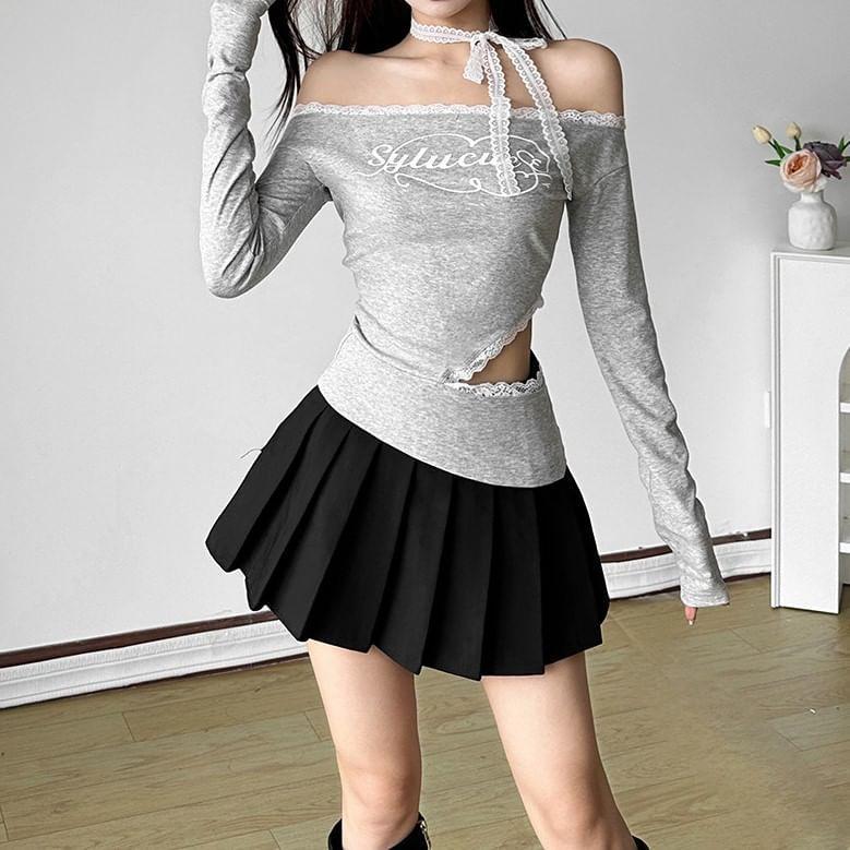 Off-Shoulder Long-Sleeve Lettering Lace Trim Top Product Image